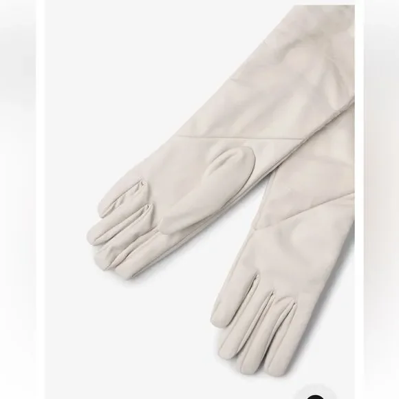 LaMarque Marilyn faux leather tulle gloves bone cream elbow length Revolve
